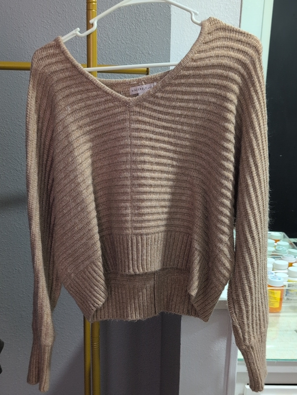 Sincerly Jules Taupe Ribbed V-Neck Sweater